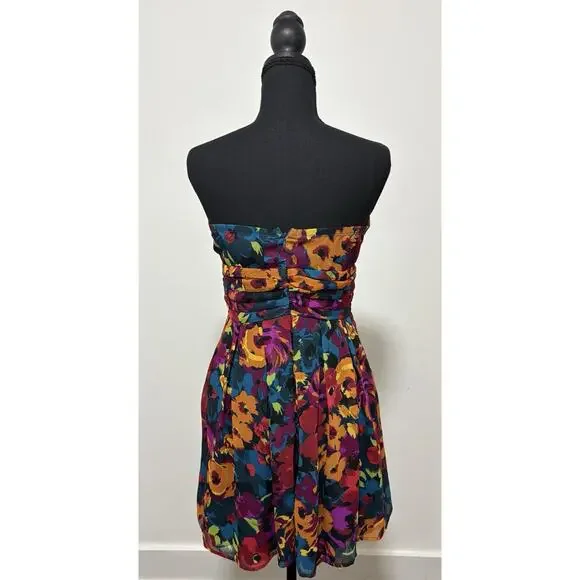 Forever 21 Strapless Floral Dress Women’s XS Blue Orange Purple Fit Flare Party - Picture 3 of 8